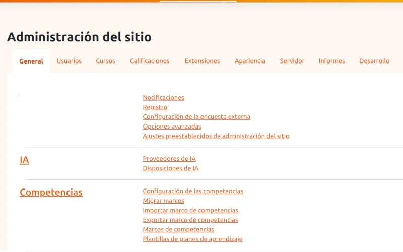 Panel de administración de Moodle